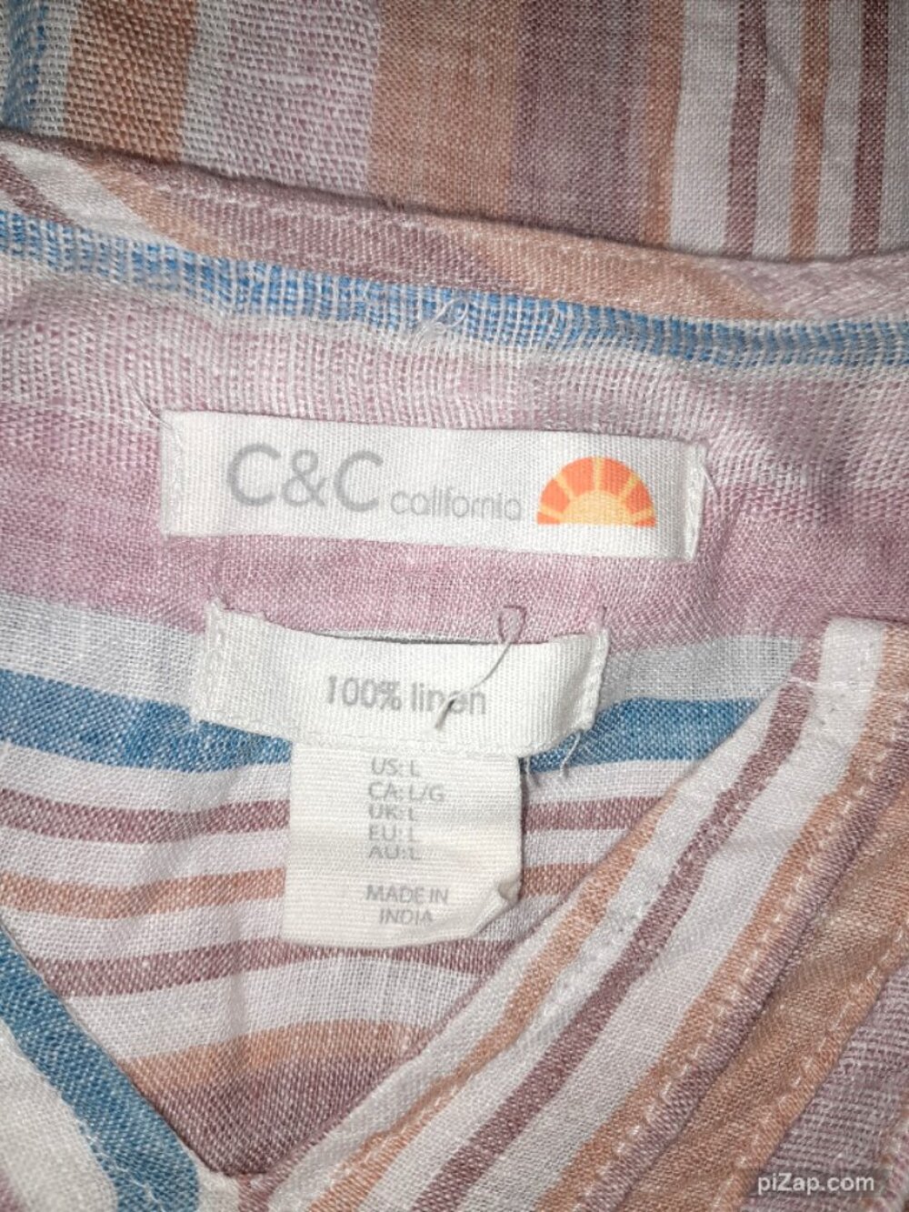 C&C California 100% Linen Pastel Striped Short Sleeve Blouse Top Pleated Women L - Picture 7 of 7